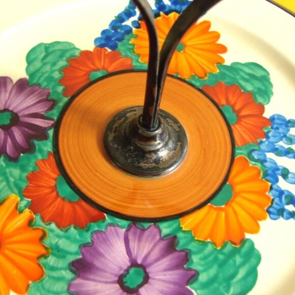 Clarice Cliff Gayday Octagonal 7.5" Cake Plate with Handle Floral 1930s Antique - Picture 7 of 11